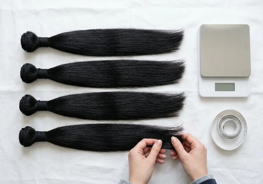 Neatly arranged bundles of natural black hair with a measuring tape and scale
